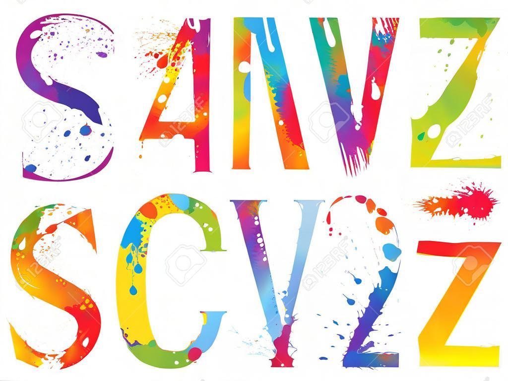 Font - Colorful letters with drops and splashes from S to Z. Vector illustration.