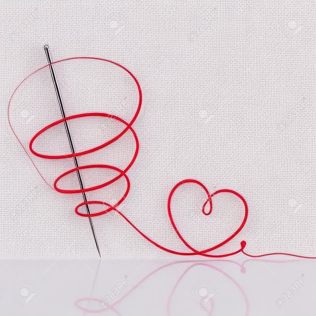 agulha de costura com fio vermelho no fundo branco