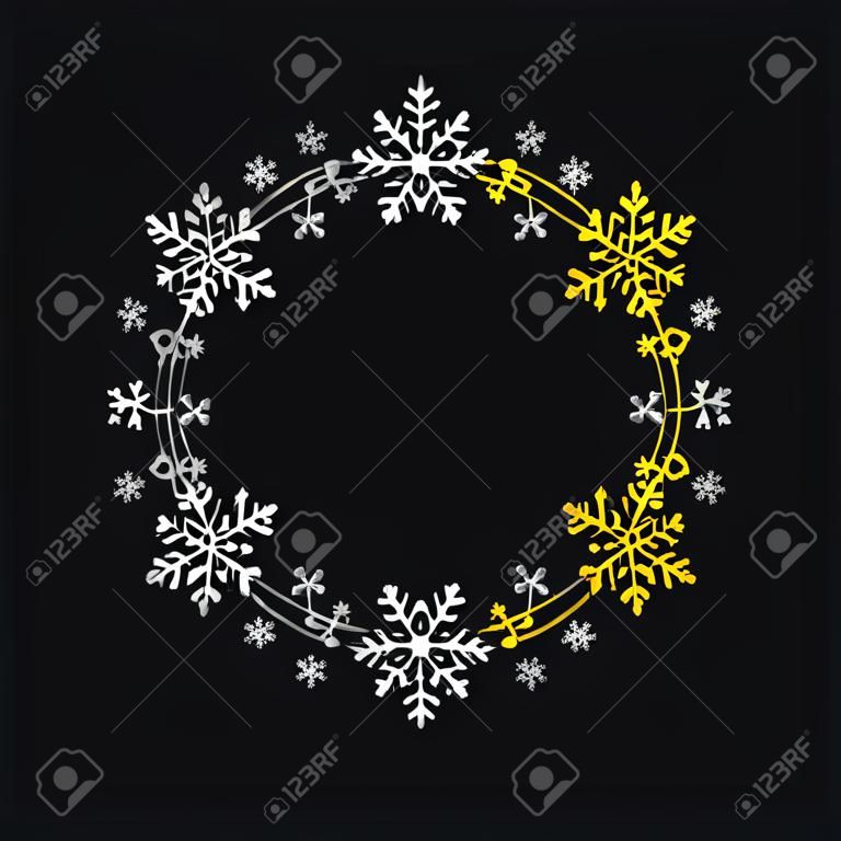 wreath of decorative gold and silver snowflakes on a black background