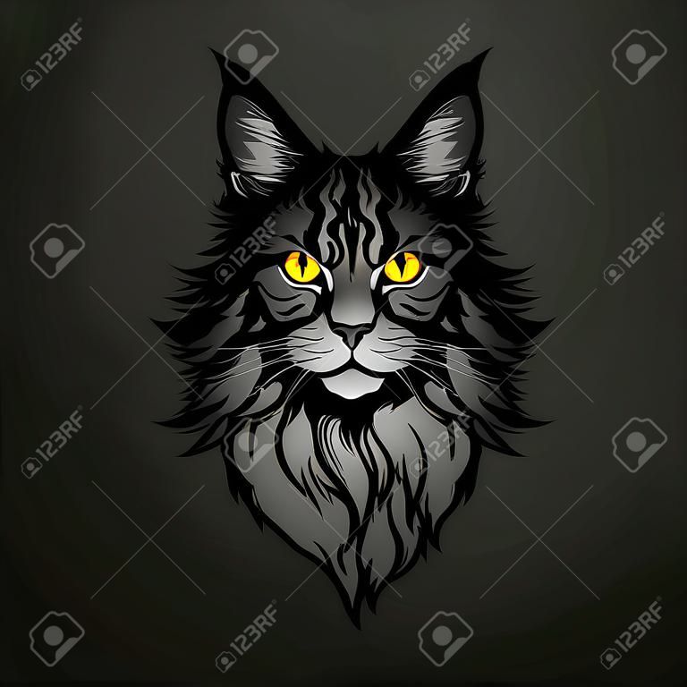 Portret kota maine coon ze świecącymi żółtymi oczami w półmroku