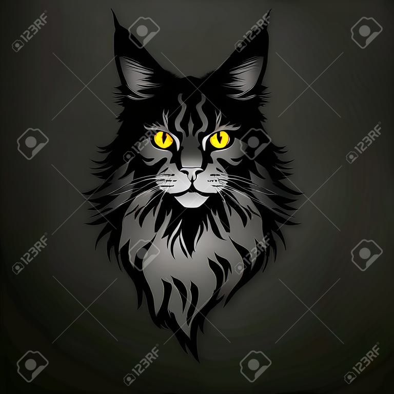 Portret kota maine coon ze świecącymi żółtymi oczami w półmroku