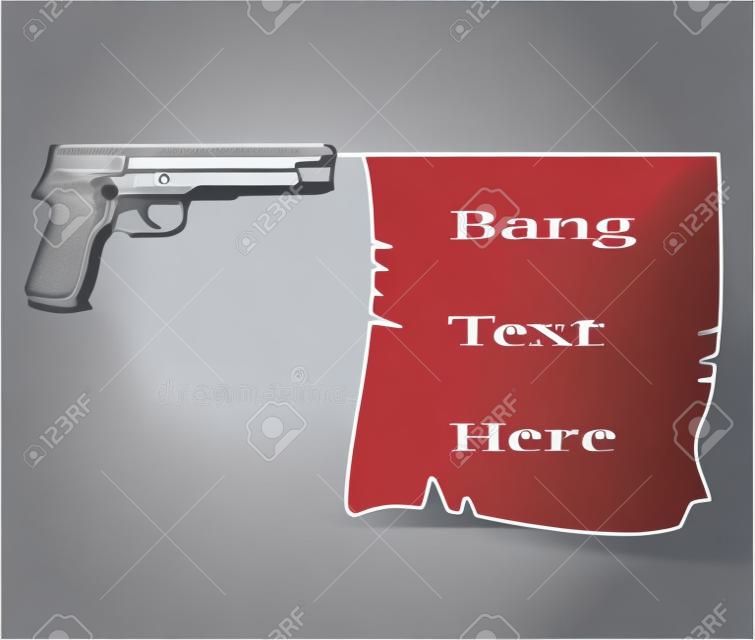 hand gun with bang   flag with commercial banner ribbon lorem ipsum vector illustration