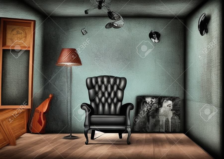 luxus fotel grunge belső fotó összeállítása Fotó-és kézi rajz elemeit együtt