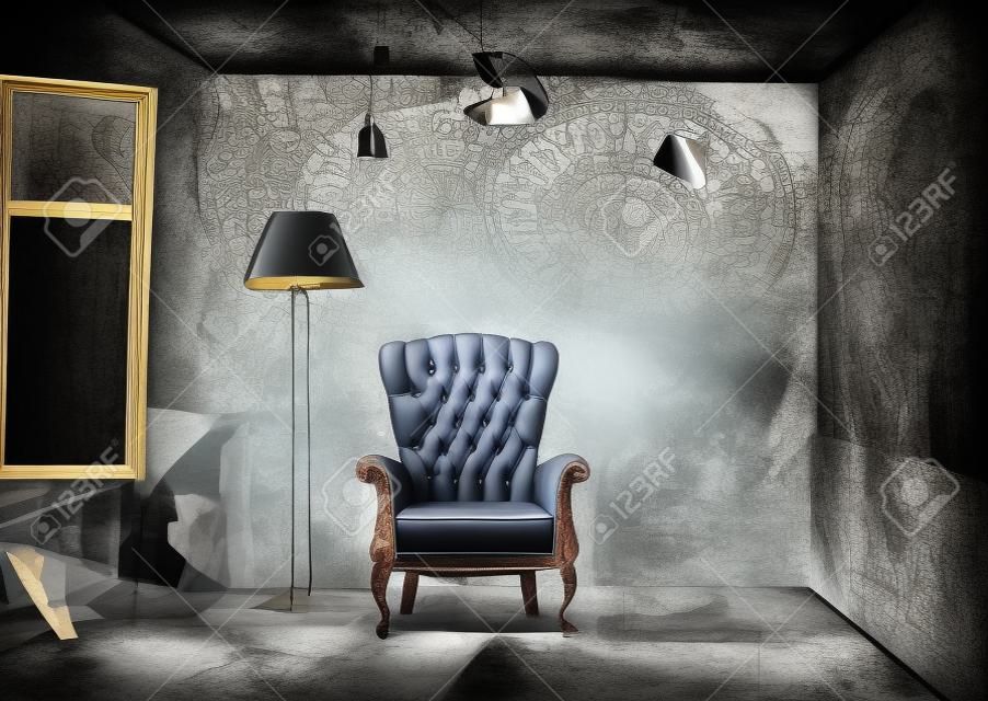 Luxus-Sessel in Grunge-Interieur Foto-Sammlung Foto-und Hand-Zeichnung Elementen kombiniert