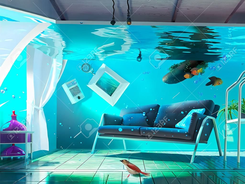ein Unterwasser-Ansicht in der Überflutung Innenraum. 3D-Konzept