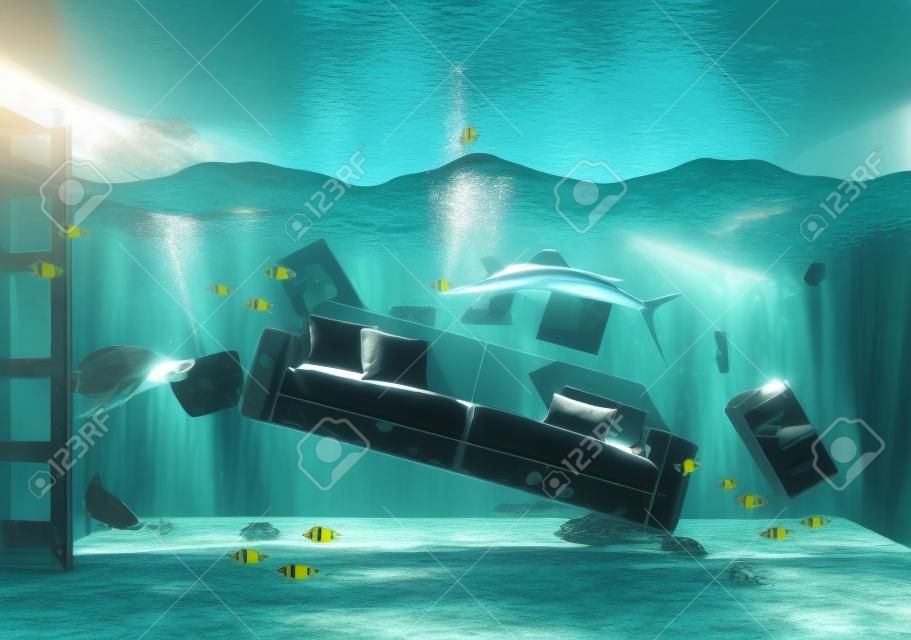 подводный вид в интерьере затопления. 3D концепция