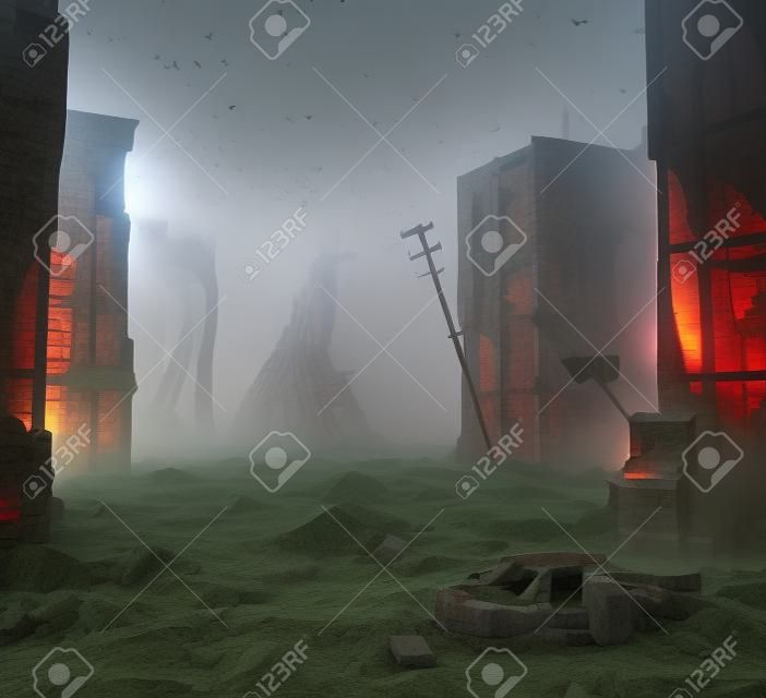 Rovine di una città in una nebbia. Concetto di illustrazione 3d