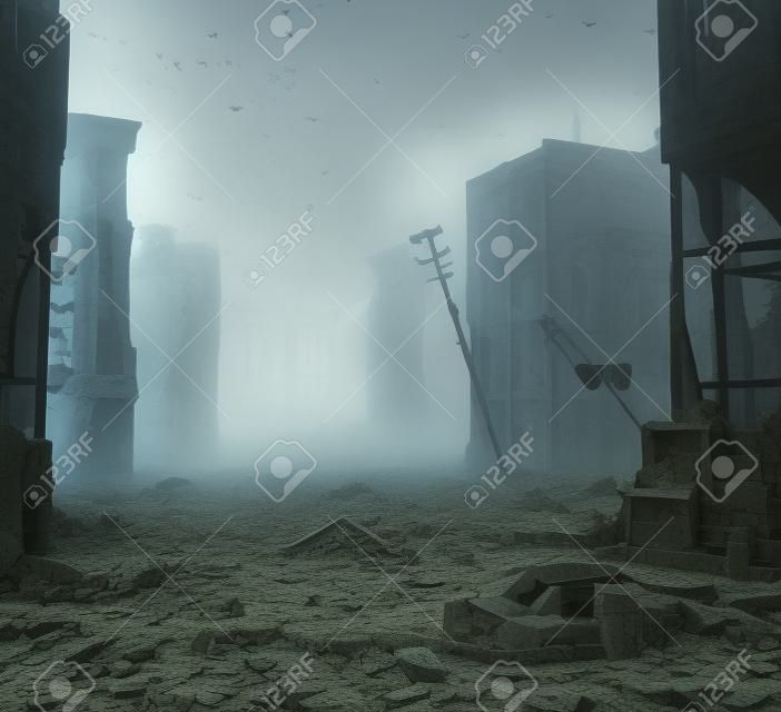 Руины города в тумане. Концепция 3d иллюстрации