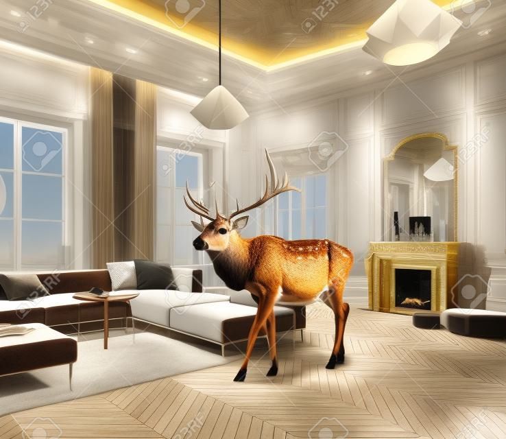 Dzikiego jelenia w luksusowym pokoju designerskim. Elementy 3D i ilustracja kombinacji zdjęć