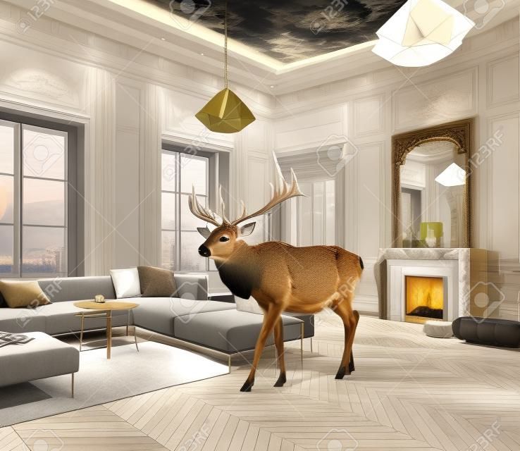 Dzikiego jelenia w luksusowym pokoju designerskim. Elementy 3D i ilustracja kombinacji zdjęć