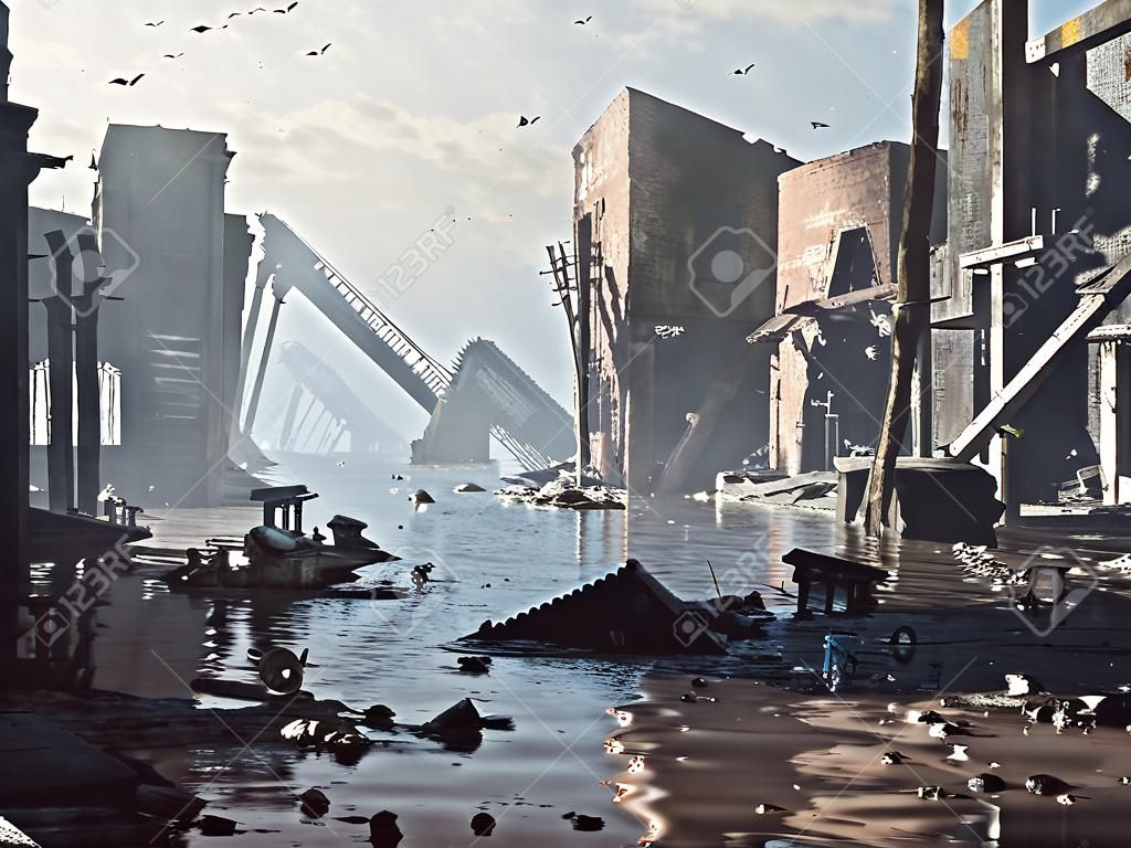 Az elárasztó város romjai. Apokaliptikus tájkép. 3d illusztrációs koncepció