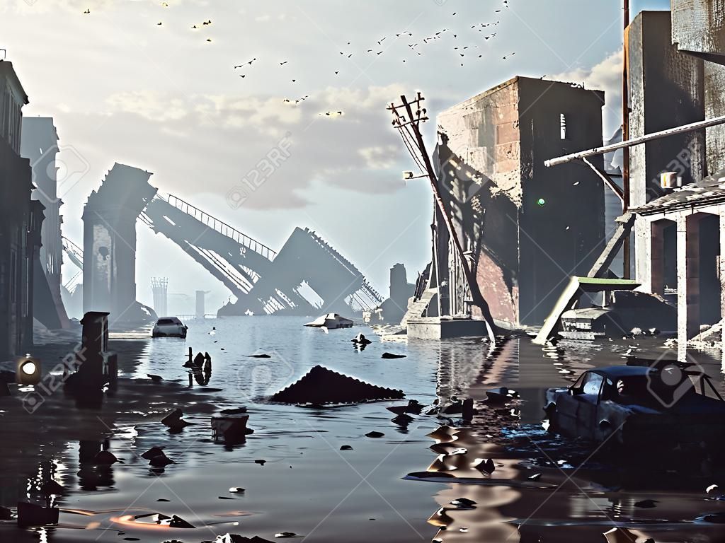 Ruinen der überflutenden Stadt. Apokalyptisches landscape.3d Illustrationskonzept
