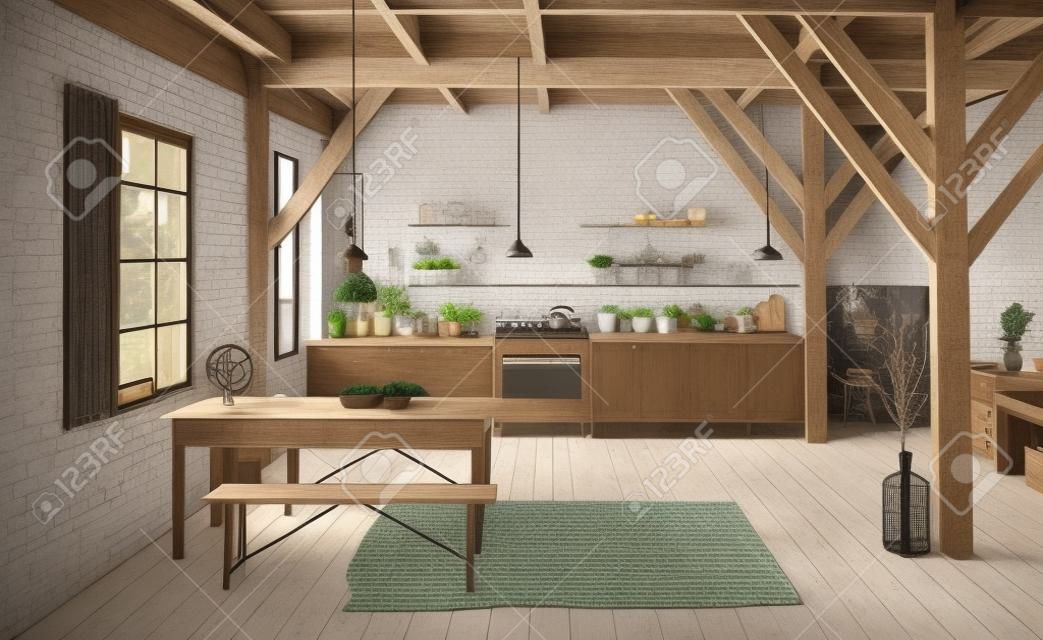 vintage style kitchen interior. 3d rendering concept design