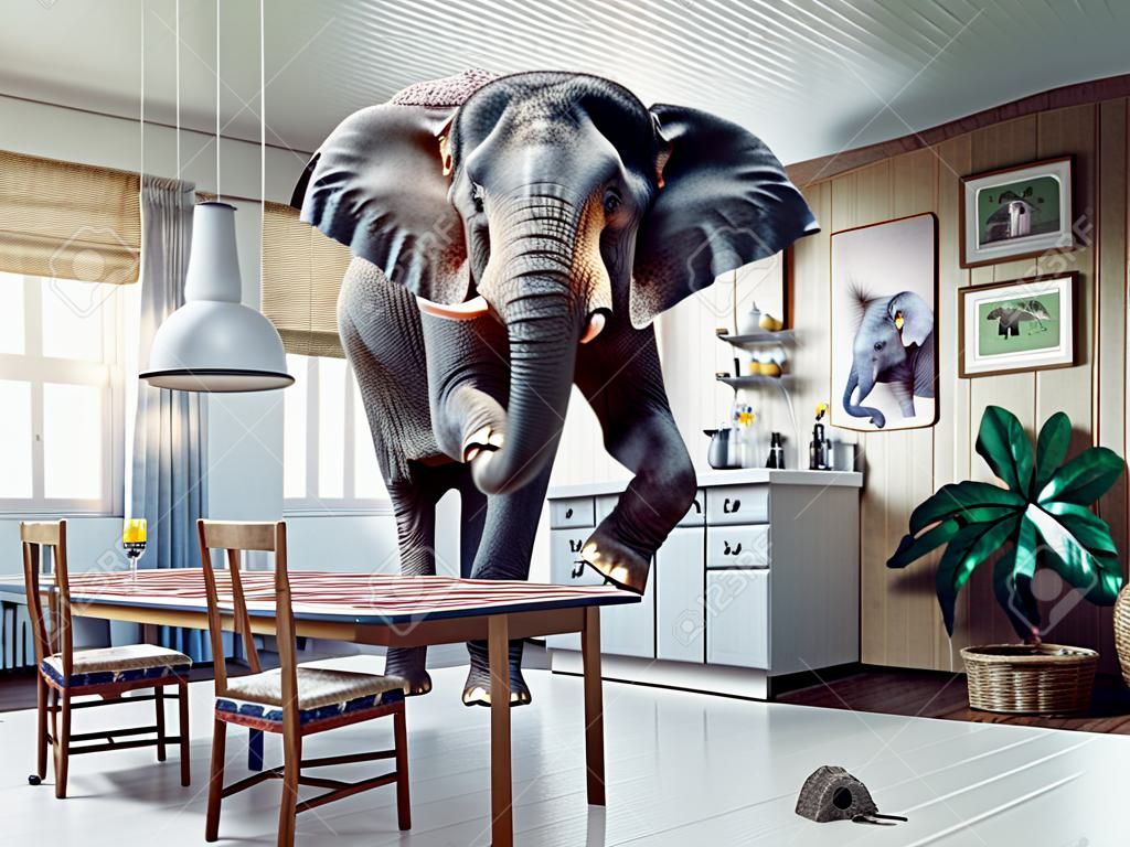 Frightened elephant runs from mouse to table. Photo and media mixed creative illustration