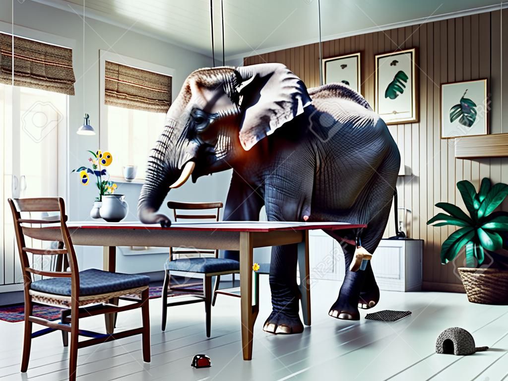 Frightened elephant runs from mouse to table. Photo and media mixed creative illustration