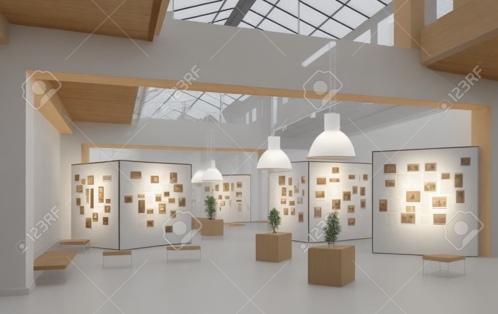 modernes Museumsausstellungs-Interieur. 3D-Designkonzept-Rendering