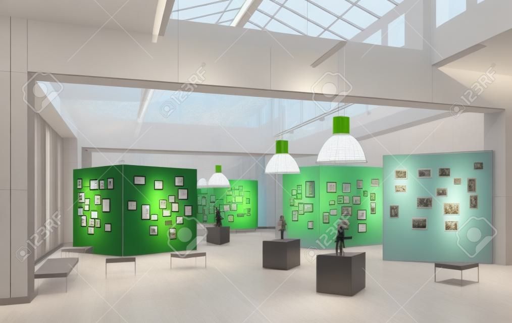 nowoczesne wnętrze ekspozycji muzealnej. Renderowanie koncepcji projektu 3D