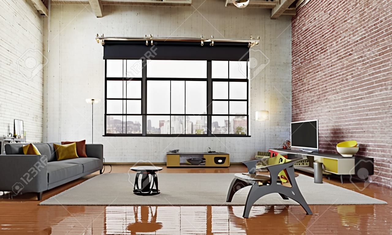 interni del soggiorno dal design moderno loft. concetto di illustrazione 3d