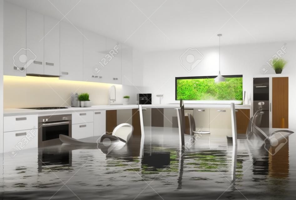 l'inondation dans la cuisine moderne. idée créative de concept de rendu 3d