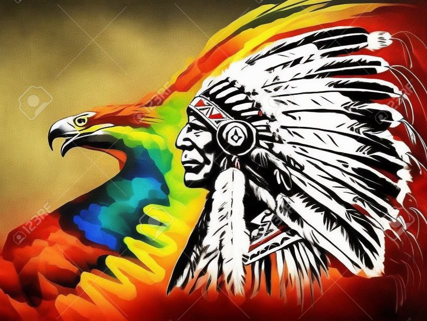Ureinwohner-Chefs und Adler Zeichnung