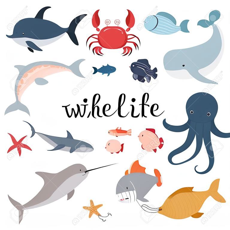 A set of ocean dwellers. Marine life. Whale, swordfish, turtle, seahorse, stingray, dolphin, shark, jellyfish, fish, shells, crab, pearl, octopus, starfish. Vector illustration