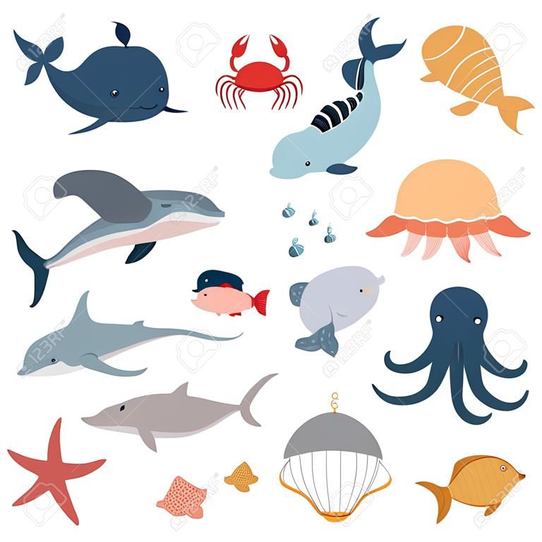 A set of ocean dwellers. Marine life. Whale, swordfish, turtle, seahorse, stingray, dolphin, shark, jellyfish, fish, shells, crab, pearl, octopus, starfish. Vector illustration
