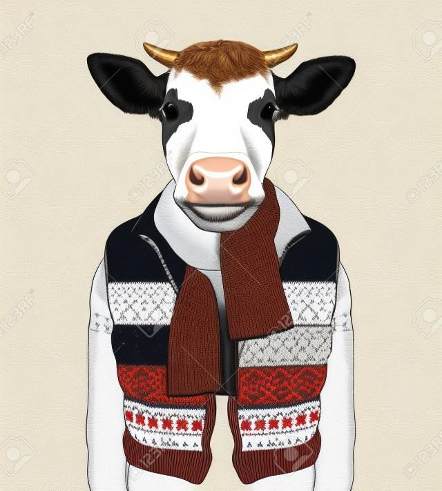 Los Animales Como Humanos. Retrato De Vaca En Chaleco Y Suéter