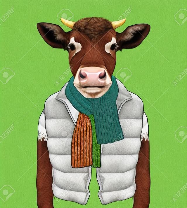 Un niño con su chaleco de vaca con una vaca en la cabeza dibujos