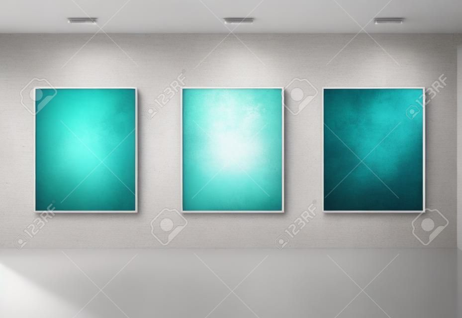 Gallery Interior with empty frames on aqua wall