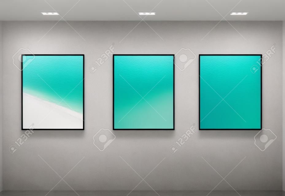 Gallery Interior with empty frames on aqua wall