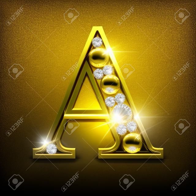 um isolado letras douradas com diamantes em preto