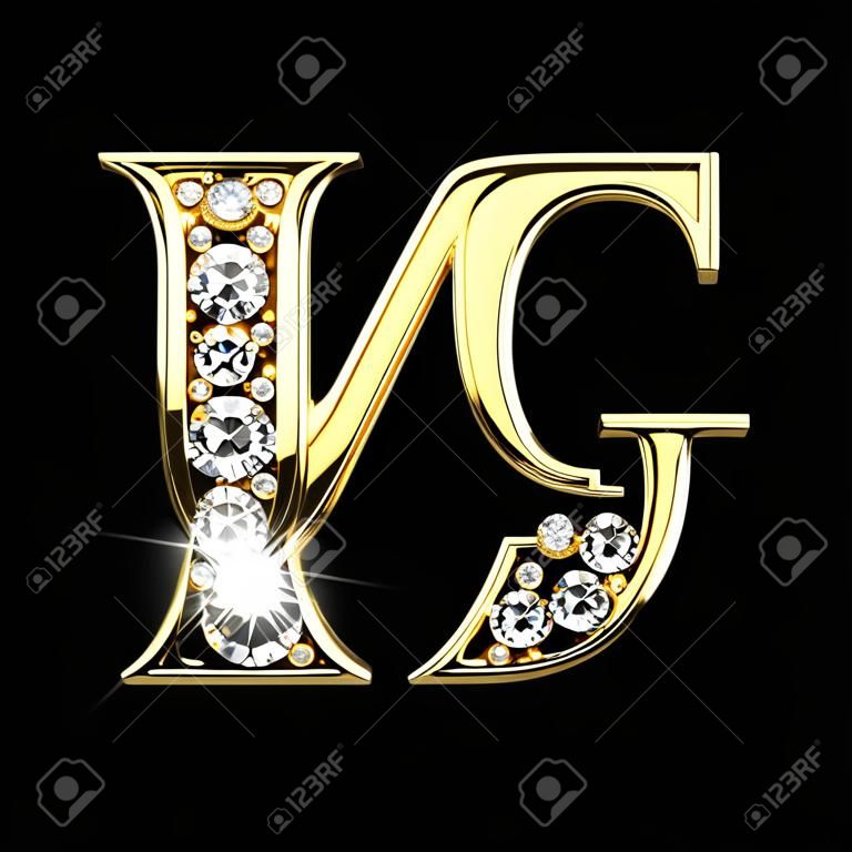 g geïsoleerde gouden letters met diamanten op zwart