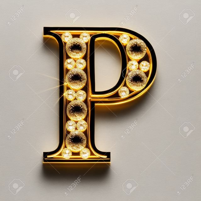 p letras douradas isoladas com diamantes em preto