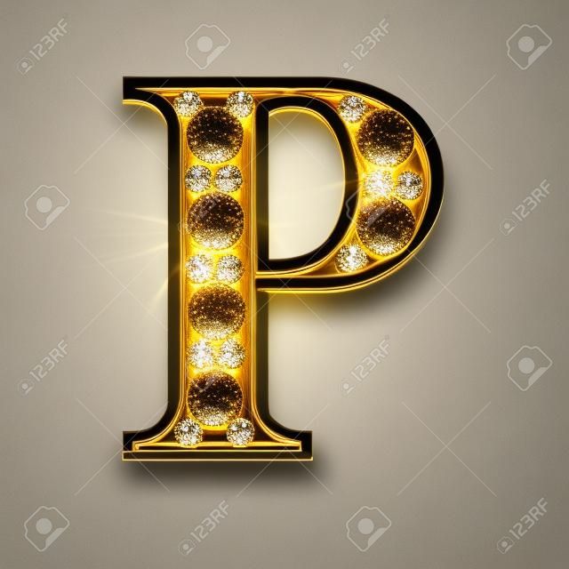 p letras douradas isoladas com diamantes em preto