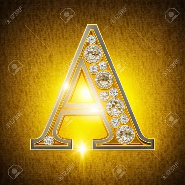 A pojedyncze złote litery z diamentów na białym