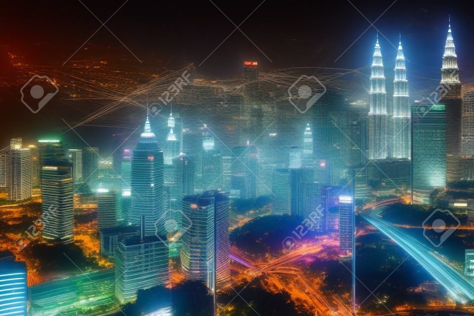 Holograma del gráfico del mercado de valores, vista panorámica nocturna de la ciudad de Kuala Lumpur. KL es un lugar popular para obtener educación financiera en Malasia, Asia. El concepto de investigación internacional. Exposición doble.