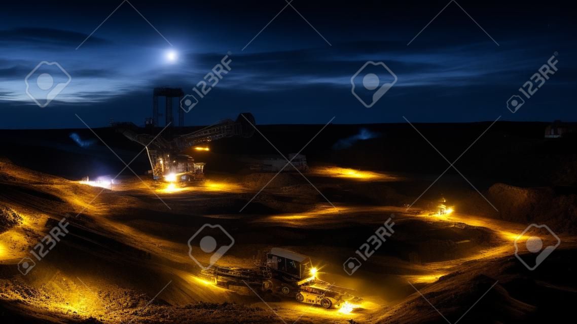 Nocne ujęcie górnictwa węgla kamiennego na otwartej powierzchni z oświetloną koparką, garzweiler, niemcy