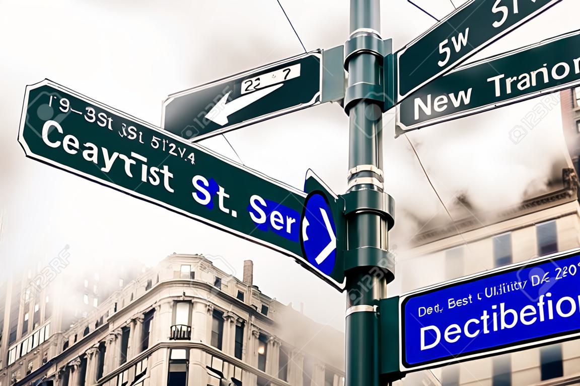 ニューヨーク市 - 都市概念および道路交通方向マンハッタンのダウンタウンに - アメリカの世界有名な資本先劇的な彩度の低いフィルター見て上の近代的な道路標識や蒸気蒸気します。