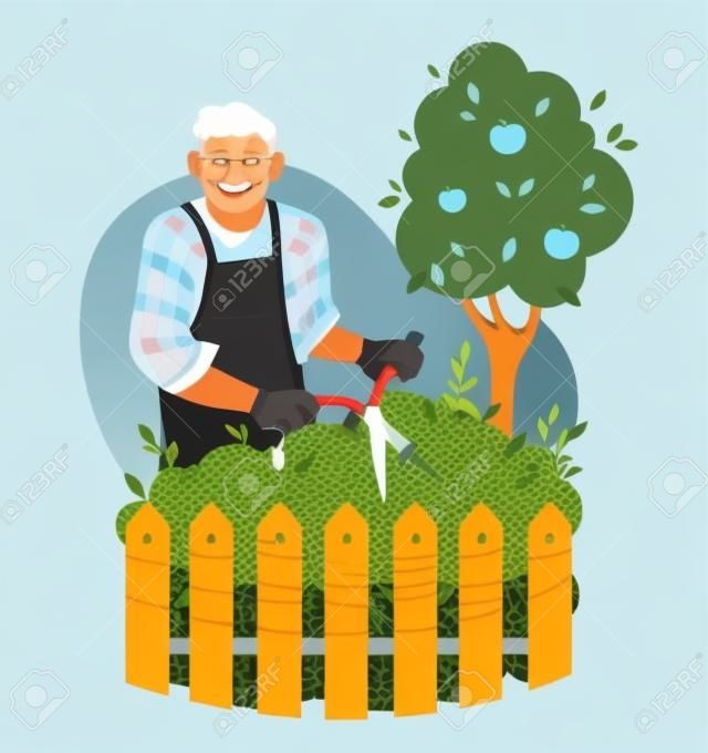 An elderly man is cutting a bush in the garden. gardener or farmer. Flat vector illustration.
