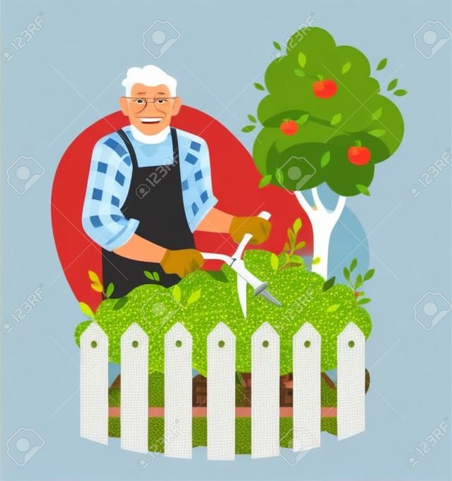 Starszy mężczyzna ścina krzak w ogrodzie. ogrodnik lub rolnik. ilustracja wektorowa płaska.