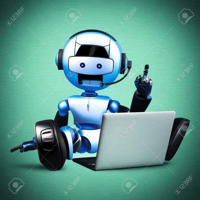 Lustige Roboter sitzen auf Kopfhörer und Laptop