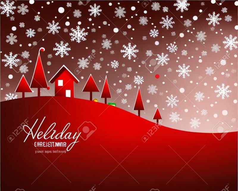 xmas holiday greetings. red Christmas and New Year card. Vector Illustration. Snow landscape background.