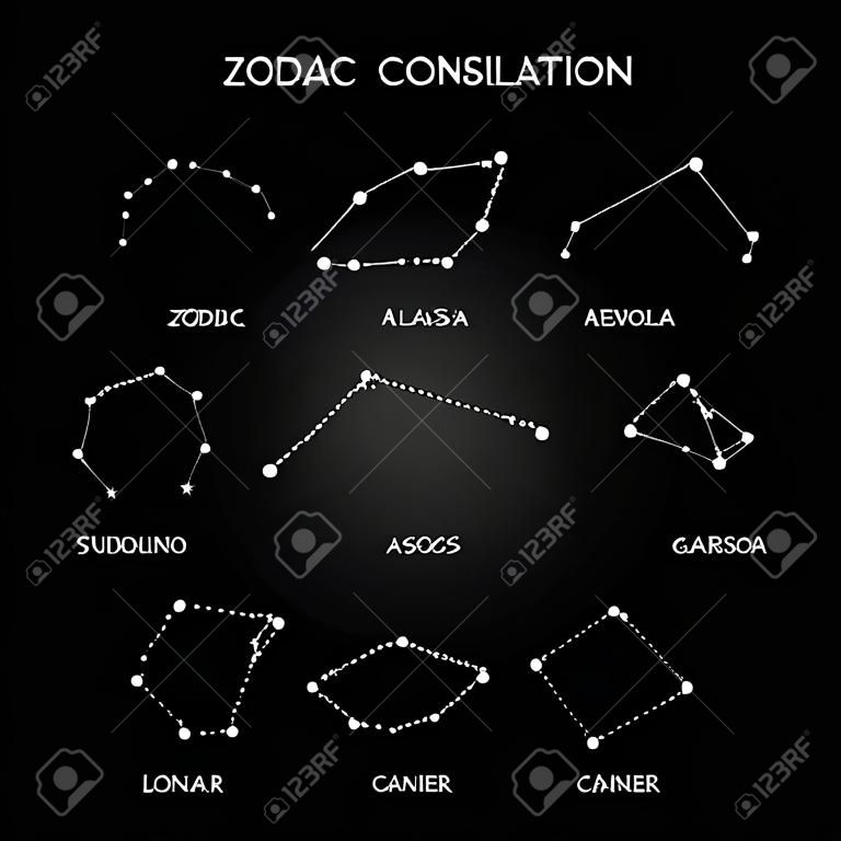 Set of zodiac constellation on the black background. space and stars. Set of symbol zodiac sign, constellations. lines and points. Star chart, map.