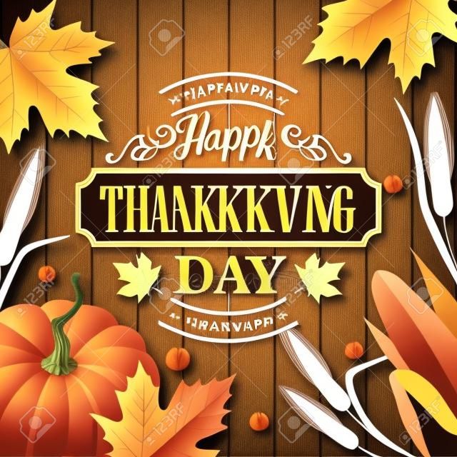 Hand drawn thanksgiving greeting card with leaves, pumpkin and spica on wood background. Vector illustration EPS 10