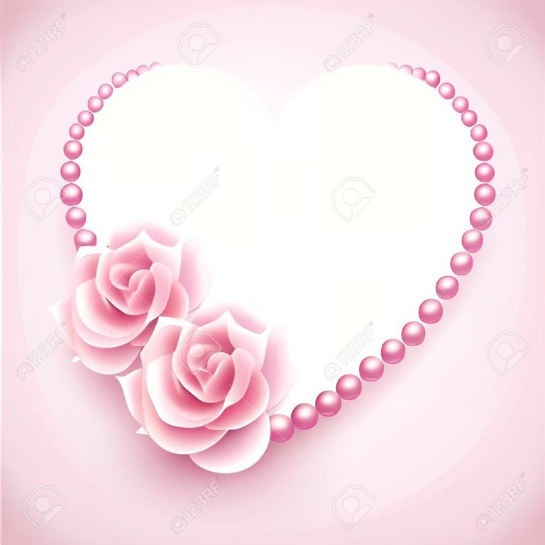 Roze rozen, parel en hart shap frame. Vector illustratie EPS10