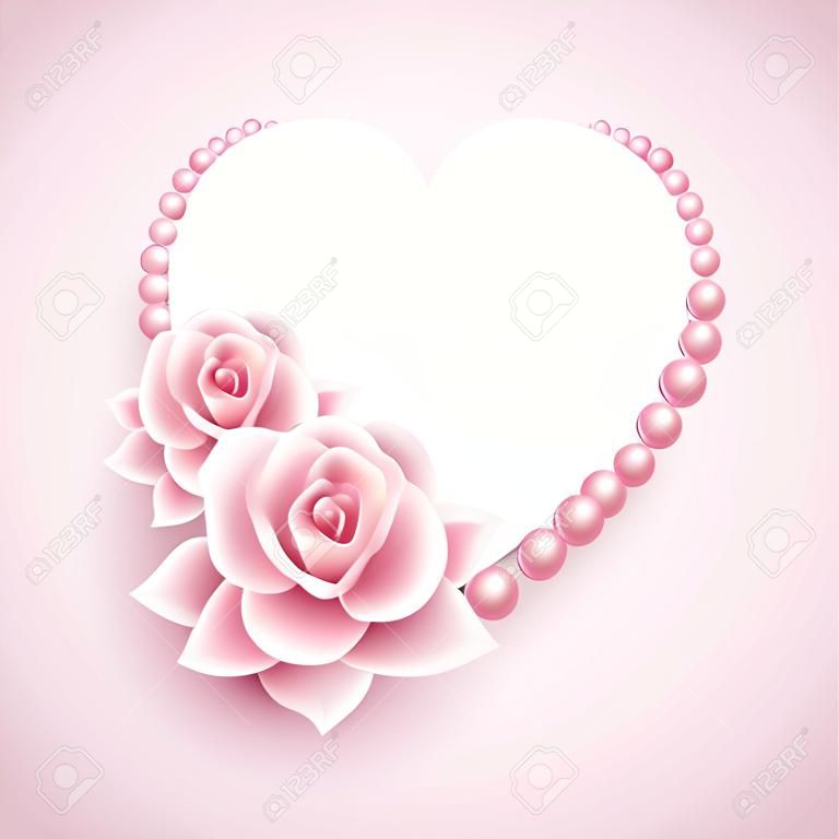 Roze rozen, parel en hart shap frame. Vector illustratie EPS10