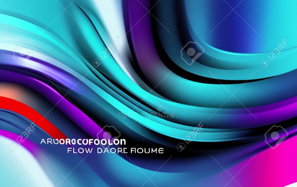 현대 다채로운 흐름 포스터. 검은 색 바탕에 웨이브 액체 모양입니다. 디자인 프로젝트를위한 아트 디자인. 벡터 일러스트 레이 션