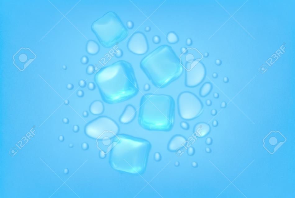 Realistyczne kostki lodu i krople wody na niebieskim tle. widok z góry topniejących kostek lodu. ilustracja wektorowa