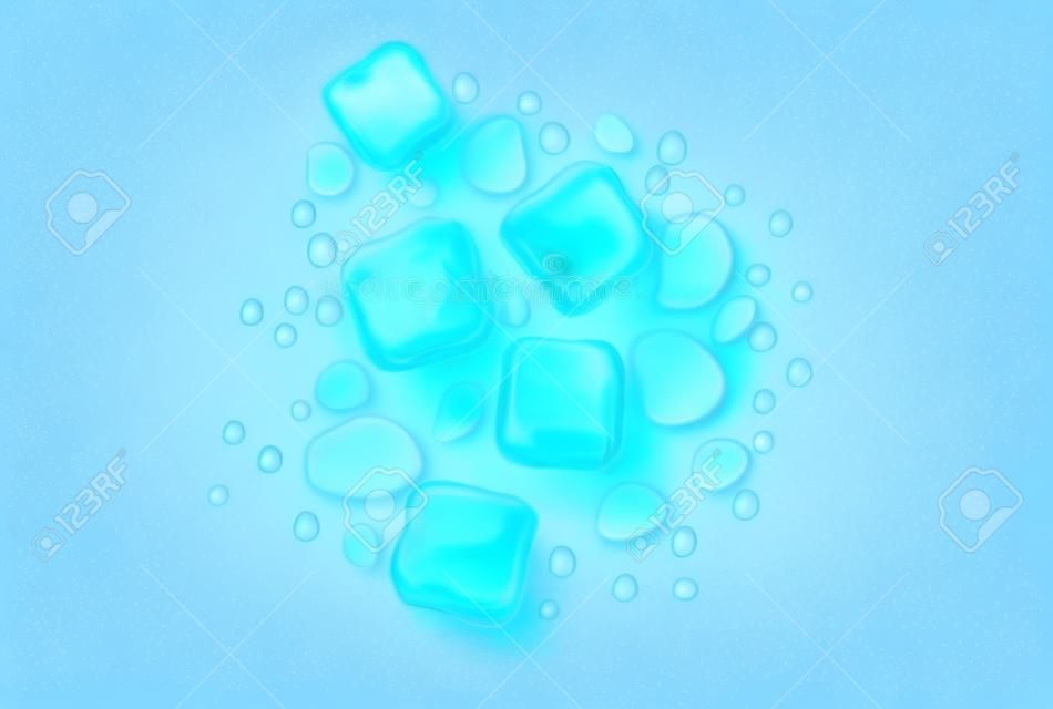 Realistic Ice Cubes and Water Drops on a Blue Background. Top view of melting ice cubes. Vector illustration