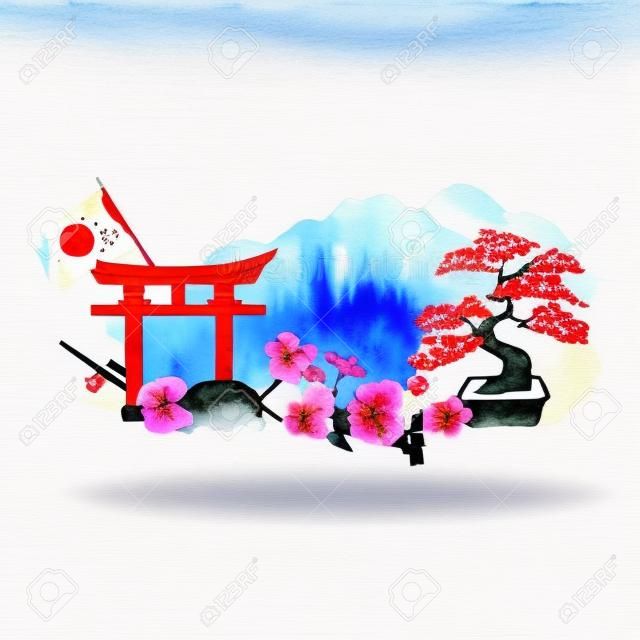 Banner de acuarela de Japón Etiqueta con elementos dibujados a mano: puerta Torii, árbol de los bonsais, rama de cerezo, rollo de sushi, palillos y bandera de Japón. Signos de capital de Japón Ilustración vectorial